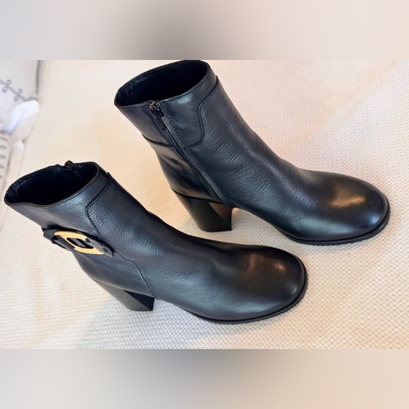 SEE BY CHLOE Chany Gold Buckle Black Leather Heeled Ankle Boots Booties Shoes - Picture 6 of 16